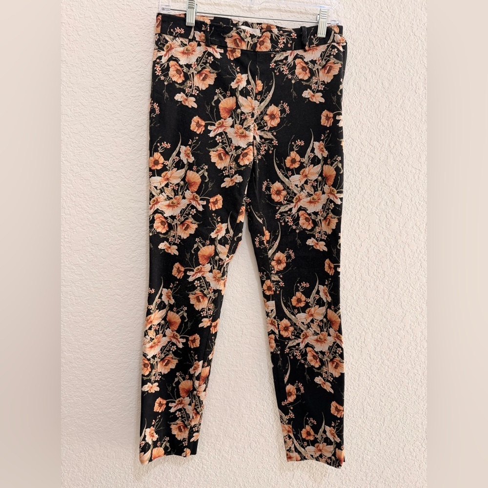 H&M Floral Print Ankle Cigarette Trousers | Black Orange Tapered Pants